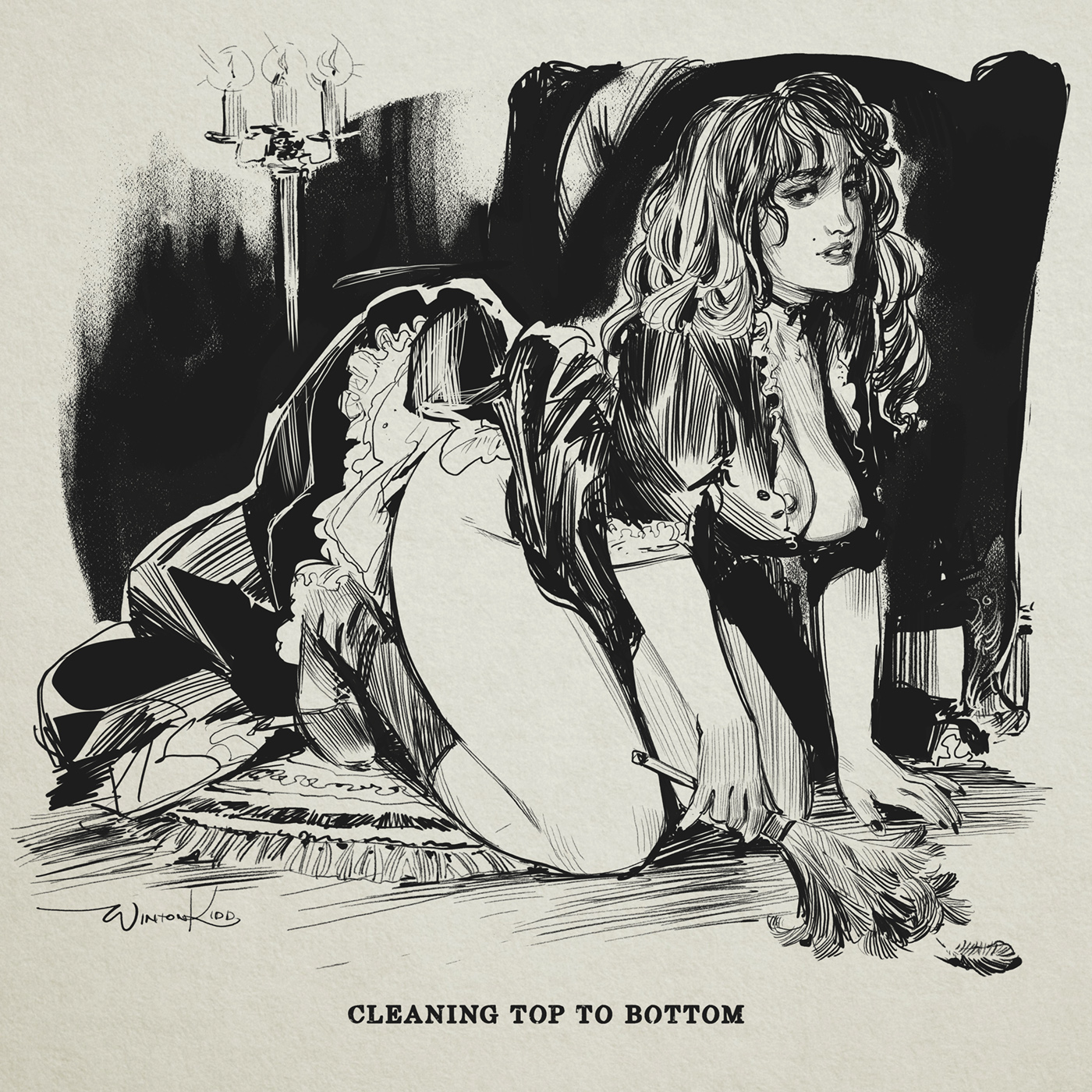 the image is a black and white ink illustration depicting a woman dressed as a maid. she's positioned suggestively on the floor, partially leaning on an ornate chair, while holding a feather duster. the setting appears to be a dimly lit room with a candlestick in the background.  the style is reminiscent of vintage pinup or burlesque art, combining elements of dark romance and a touch of eroticism. the artist's signature is visible in the bottomleft corner.  the caption "cleaning top to bottom" adds a suggestive double entendre to the scene.