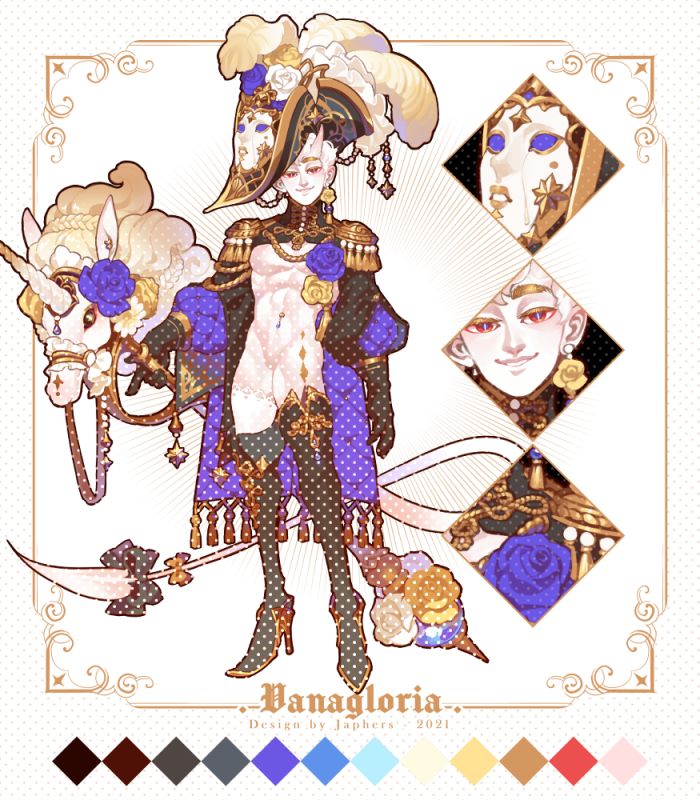this anime illustration depicts a male character in an elaborate costume, with a white and gold hat adorned with roses and a mask, a purple and gold outfit with intricate details, and dark, sparkly gloves. the character holds a white unicorn with gold detailing and white, blue, and gold flowers, and a white plume. they are set against a white background with a gold ornate frame. the art style is whimsical and elegant.