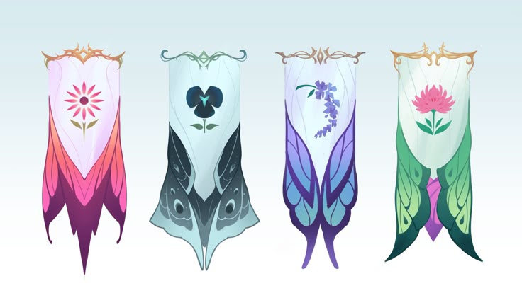 the image shows four fantasystyle banners or flags, each with a different flower emblem and colored winglike designs at the bottom. each banner has gold or leafy embellishments at the top. the overall aesthetic is fairytale or fantasy, with a heraldic design. the first banner is primarily pink and magenta, featuring a daisylike flower. the second is teal with a pansy. the third is violet and purple with a wisteria flower. the fourth is green and pink with a dahlia. each banner appears to be designed to be decorative.