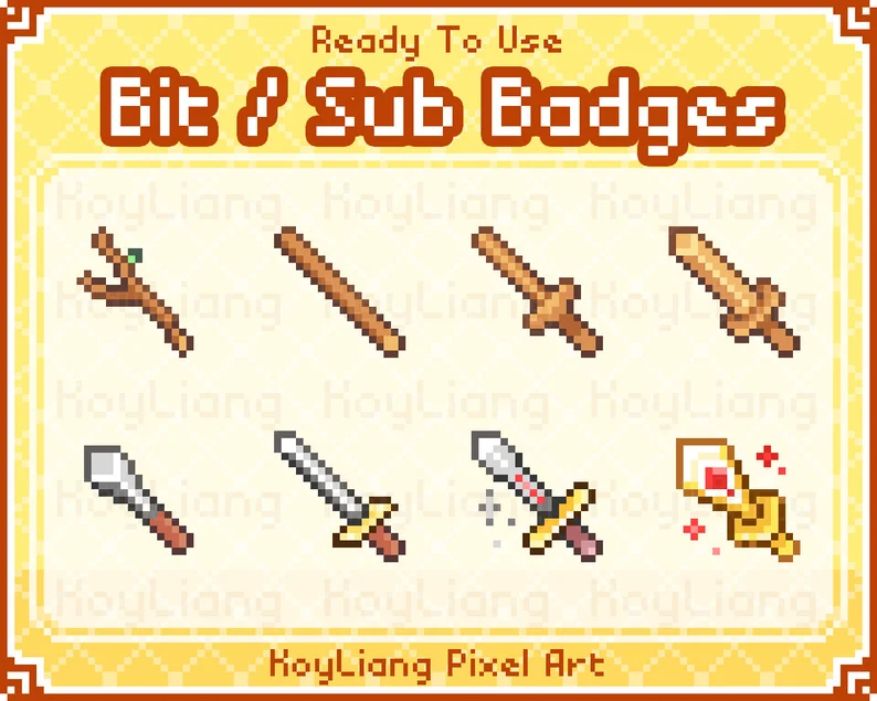 a digital image of pixel art showing eight different weapons that look like they came from a video game. above the weapons are the words "ready to use" and "bit / sub badges" in a pixelated orange font. the image is surrounded by a yellow border and the words "koyliang pixel art" are at the bottom.