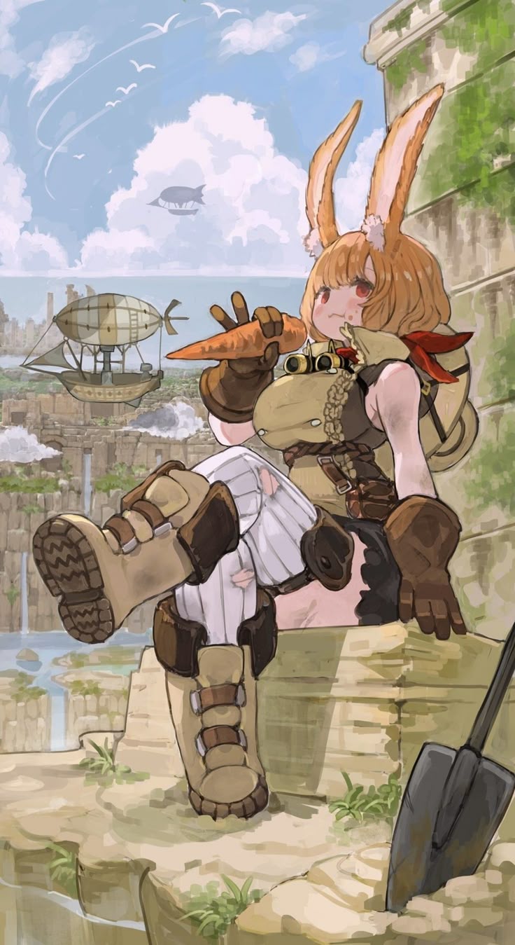 anime illustration of a bunny girl with rabbit ears eating a carrot while sitting on a wall. she wears goggles, boots, gloves, shorts, and socks. the landscape features zeppelins and birds, and a shovel is present near her feet.