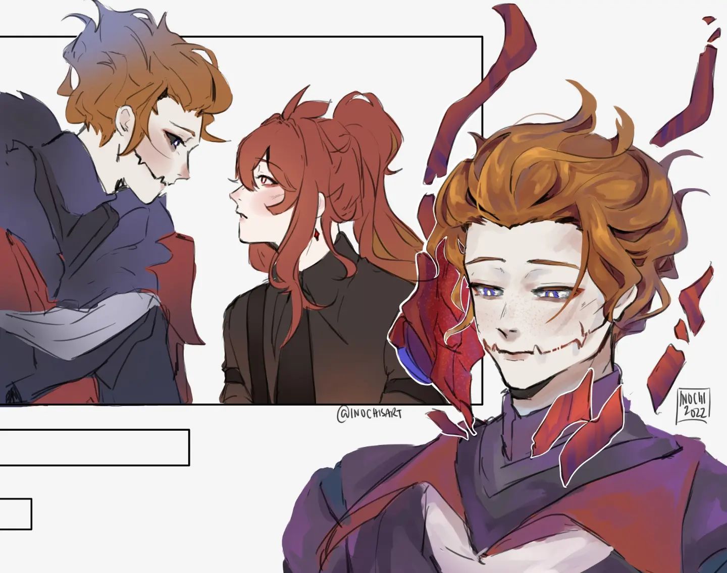 the image presents a digital illustration featuring characters from the game genshin impact. it centers on three figures: diluc ragnvindr, tartaglia (also known as childe), and lumine. lumine, with reddishbrown hair, gazes affectionately at diluc, who has dark blue hair and a scar across his face. both are portrayed in the top left section. occupying a larger portion of the image is a closeup of childe, depicted with his signature ginger hair and a slightly sinister smile, revealing a scar running across his right eye. his attire features a combination of dark red and purple hues. the artwork appears to be a stylized interpretation of the characters, possibly hinting at a romantic tension between them.
