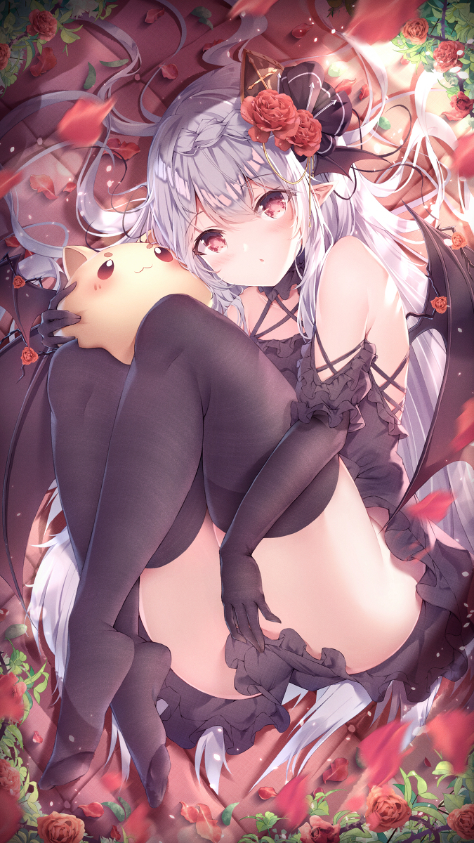 the image showcases an anime girl with long, white hair styled with a headband adorned with roses. she's dressed in a gothic lolitastyle black dress with bat wings and thighhigh stockings. her expression is sweet and innocent. she is holding a cute plushie resembling a small, yellow creature. the background features roses and flower petals, creating a romantic and slightly mysterious atmosphere. the art style is typical of digital anime illustrations, focusing on soft colors, delicate lines, and expressive features. the overall mood is whimsical and enchanting.