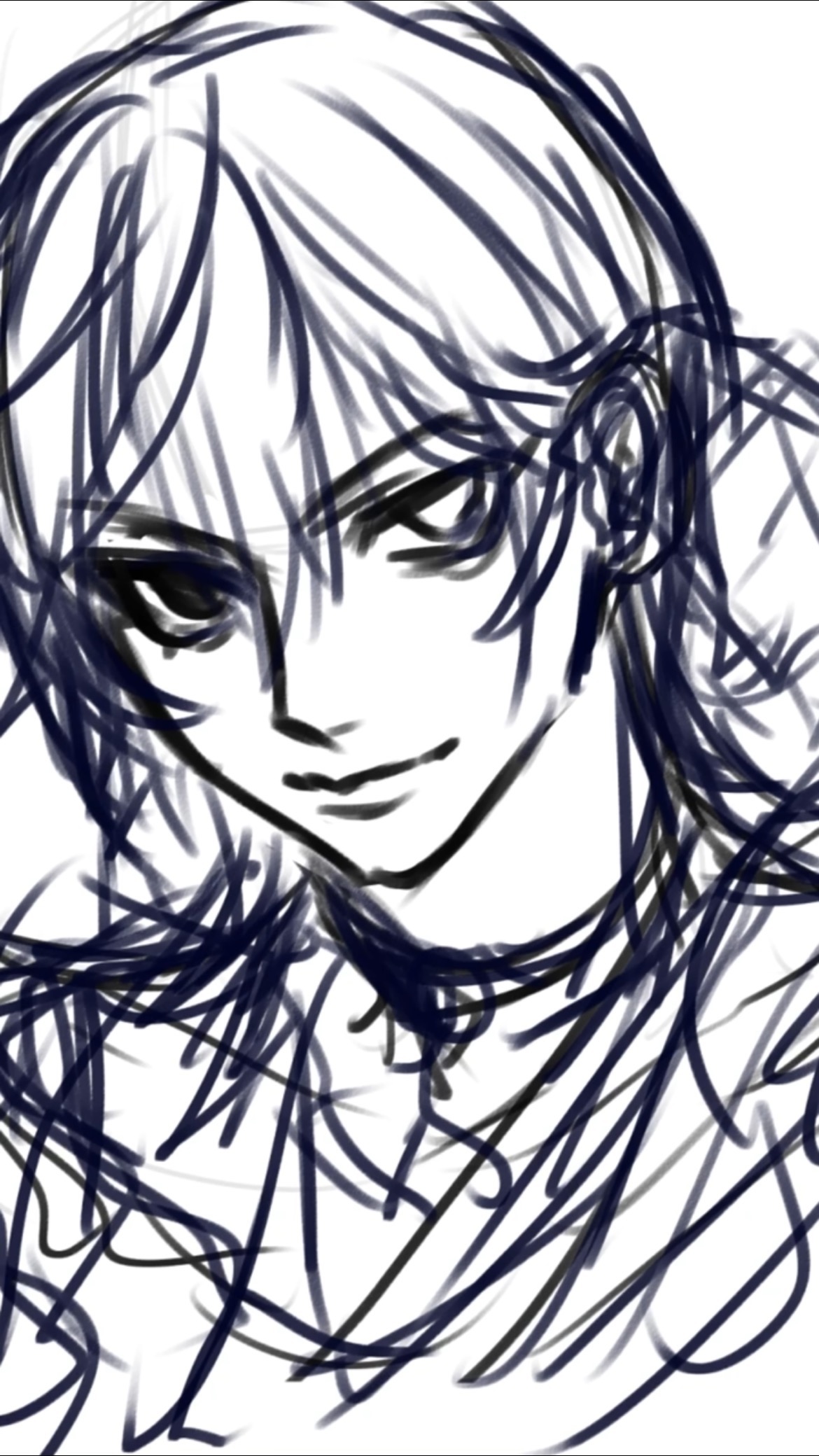 the image is a digital sketch of an animestyle male character.  the drawing is in black and white, with a loose and sketchy style. the lines are somewhat messy and unfinished, giving the impression of a work in progress.  the character's hair is long and somewhat unkempt, partially obscuring the face.  the eyes are large and expressive. the overall impression is one of youthfulness and perhaps a slightly melancholic or pensive expression. the sketch lacks fine details, focusing primarily on the general form and features.