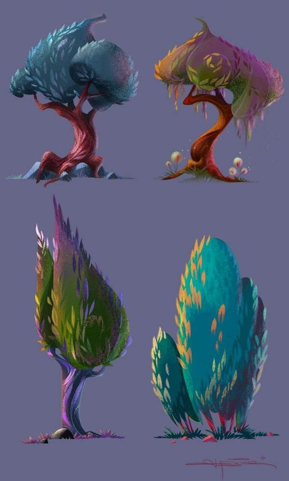 four different styles of stylized trees, likely concept art for a video game, animation, or children's book. the trees feature bright, whimsical color palettes and exaggerated shapes.