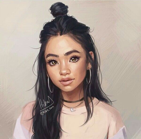 the image is a digital painting or illustration of a young asian woman. she has long, dark hair styled in a top knot or bun. she's wearing large hoop earrings, a black choker necklace with a small crescent moon pendant, and a light peachcolored shirt.  the style is realistic, with soft shading and pastel colors creating a dreamy and pretty aesthetic. the artist's signature, "hibal" and "@hibal_tan," is visible in the lowerleft corner of the painting. the background is a muted beige or light tan.