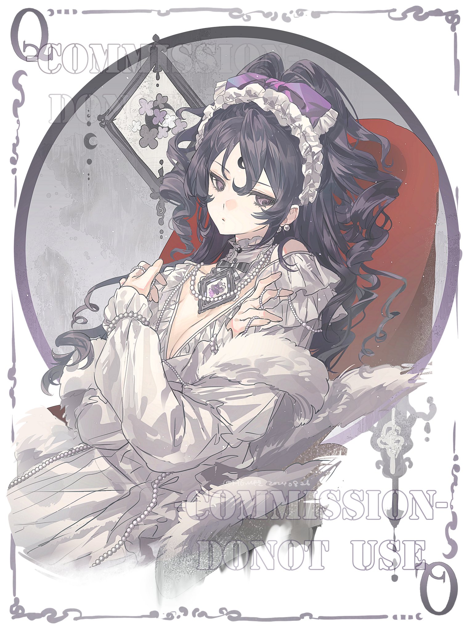 an illustration of a darkhaired anime girl with curly hair wearing a white ruffled dress and a fur stole, sitting in a red armchair. she has a pearl necklace and a large pendant. there's a crescent moon on her forehead. the image has a gothic style with a decorative frame and watermark text.