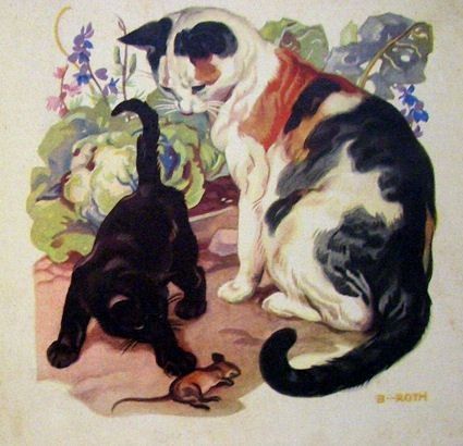 the image is a vintage color illustration depicting two cats and a mouse in a garden setting. a calico cat sits prominently in the center, while a black cat crouches in the foreground, seemingly observing a small mouse. the background includes lush greenery, flowers (including bluebells), and a cabbagelike plant. the style is reminiscent of children's book illustrations from the early to mid20th century.  the cats are depicted realistically, showcasing their fur texture and patterns. the colors are vibrant and slightly stylized. the overall mood is peaceful and charming.