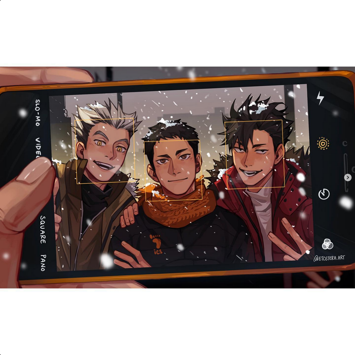 the image is a digital illustration of a selfie taken by three friends on a snowy day. the photo is displayed on a smartphone screen. the three friends are all smiling and happy, with snow falling around them.  the person on the left has white hair with black streaks, the person in the middle has short black hair, and the person on the right has black hair with a gray streak.  the background of the photo is blurry, indicating that the focus is on the friends. the overall tone of the image is warm and joyful.