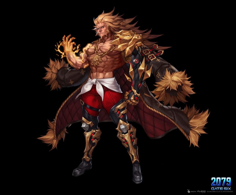 this is a digital illustration of a powerful fantasy warrior character from the game "gate six". the character is a man with golden hair and a  fierce expression on his face. he is wearing a black and gold armor with red accents and fur cloak.  the character is in an action pose,  attacking with his right fist. the background is black.