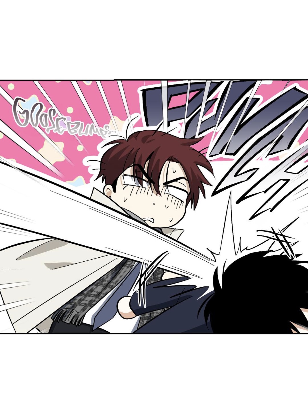 the image is a mangastyle illustration depicting a dynamic scene of two boys clashing.  the boy on the left, with brown hair, is drawn in a chibi style, with exaggerated features and expressions that suggest shock and impact. he's wearing a lightcolored coat and a patterned scarf. he's being struck by the other boy, whose dark hair and navy clothing are partially visible. the background features dynamic lines and pinktoned impact effects, further emphasizing the movement and energy of the clash. the overall style is lively and emphasizes the impact of the physical encounter.