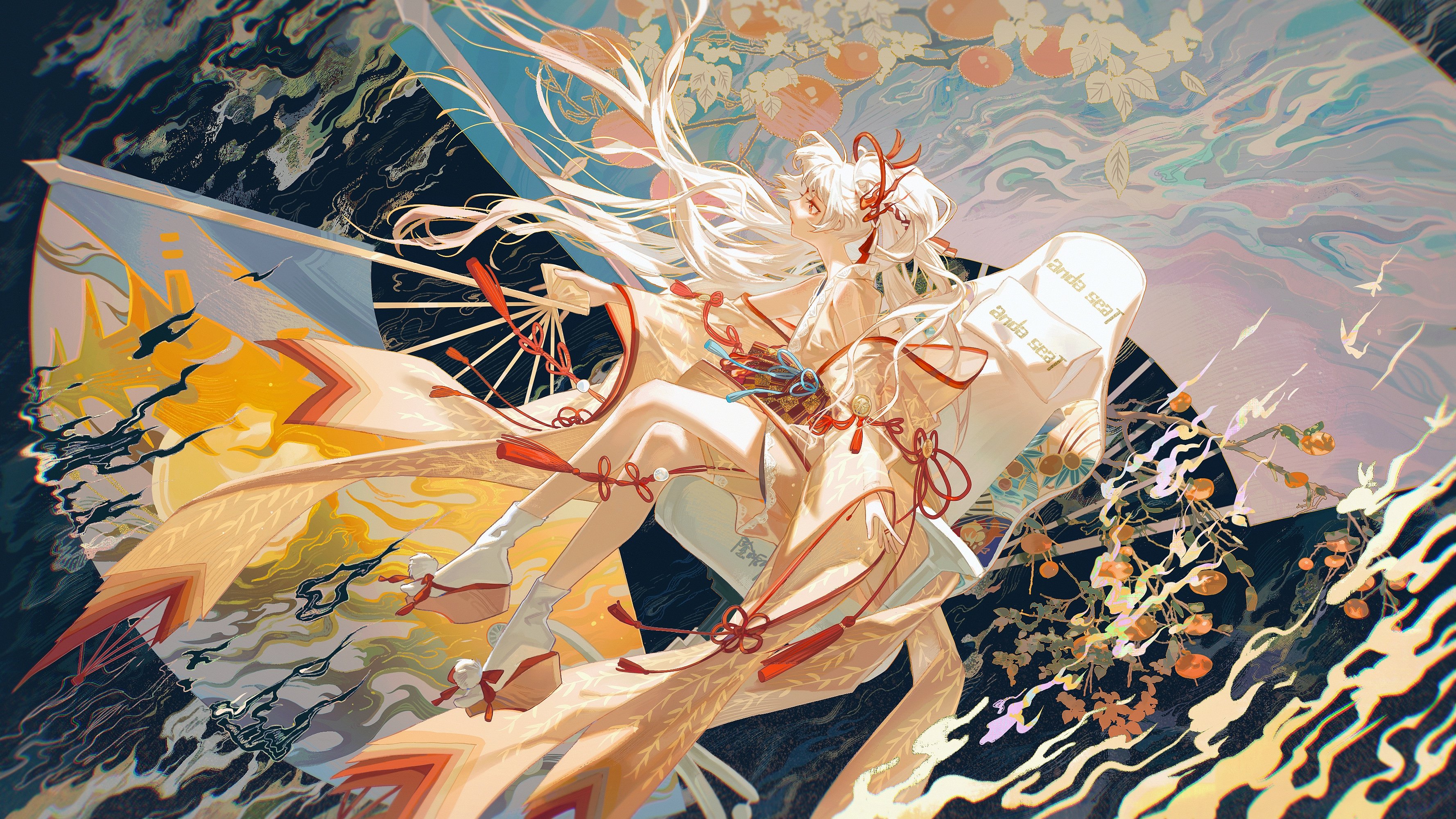 a beautiful anime girl with long white hair is wearing a traditional chinese dress with golden accents and a long red sash. she is standing in a fantastical setting with clouds, flowers, and a swirling background of blue, black, and gold. the scene is filled with a mystical and dreamlike atmosphere, making it a truly stunning and imaginative artwork.