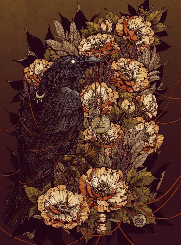 a black raven sits perched on a bouquet of flowers and leaves. the raven has a single, large eye, and wears a necklace with a pendant shaped like a triangle. the flowers are in various shades of orange and yellow. the artwork is done in a gothic, vintage style.
