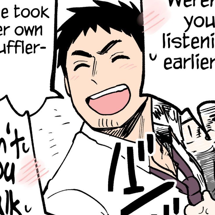 a black and white manga panel featuring a man with short dark hair and a joyful expression. he's wearing a white shirt with an open collar and a dark tie. blush marks are visible on his cheeks. the background is white with diagonal speed lines, emphasizing movement or excitement. japanese text and sound effects are incorporated into the panel.