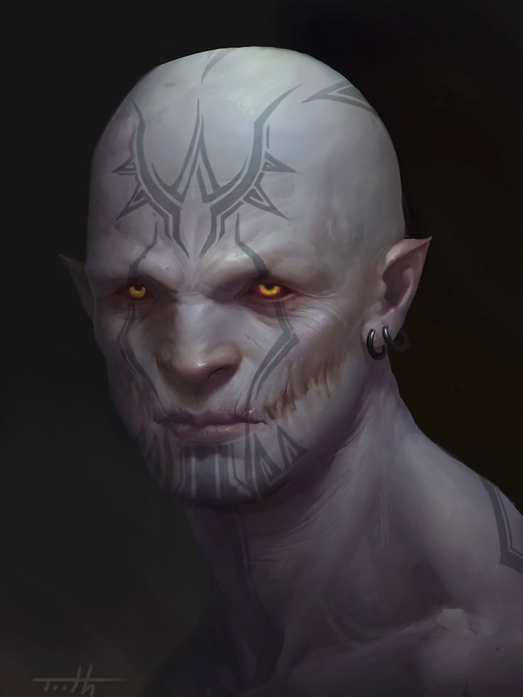 the image is a portrait of a bald, male character with pale skin and yellow eyes. he has tattoos on his face and head, along with small hoop earrings. his ears are somewhat pointed, giving him an elflike appearance. the background is dark and muted, highlighting the character's features.