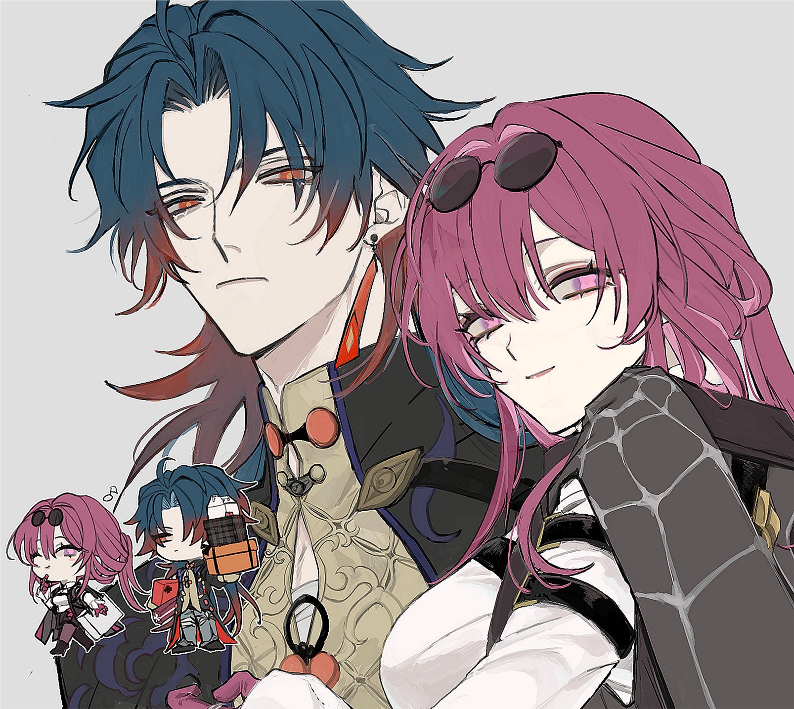 the image shows a couple of anime characters. the girl has pink hair with a black spiderweb patterned jacket and she is wearing black sunglasses and has purple eyes. she is on the right and is hugging the boy. the boy has blue hair, red eyes and is wearing a gold and blue patterned jacket with a red and white scarf. the girl is smiling and is looking down at the boy. the boy is looking straight ahead. there are two chibi characters of the couple in the lower left corner. they are holding gifts and are smiling. the background is a light grey. the image suggests that the couple is in love and happy.