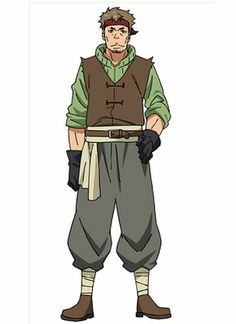 this anime character is a man with short brown hair and a brown beard. he wears a green shirt, brown vest and pants, and black gloves and boots. he also has a red headband and a white sash around his waist.