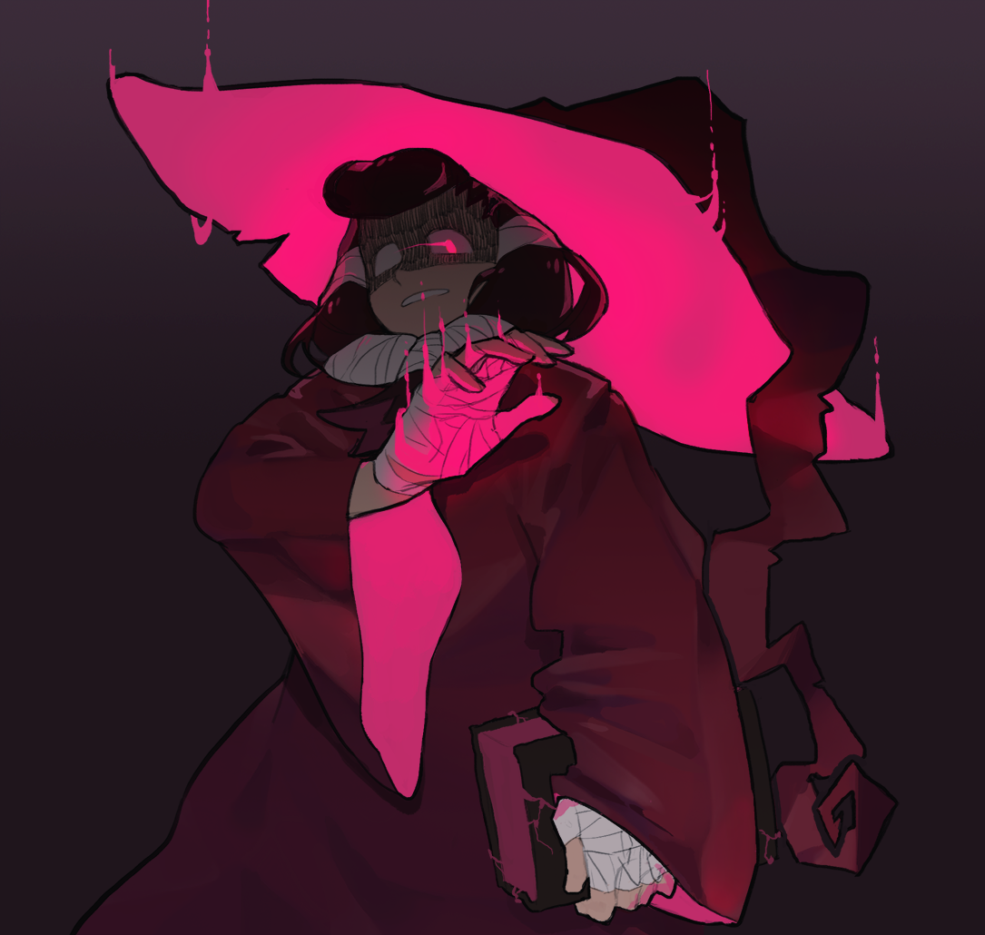 a dark and mysterious anime girl dressed in red and pink clothing with a glowing hat and a glowing book in her hand. she seems to be casting a spell in the dark.