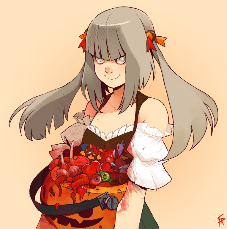 a smiling girl with grey hair and pigtails is holding a bloody, pumpkin bucket overflowing with candy and gore. she is wearing a green dress with white sleeves and orange bows in her hair. the background is a solid peach color.