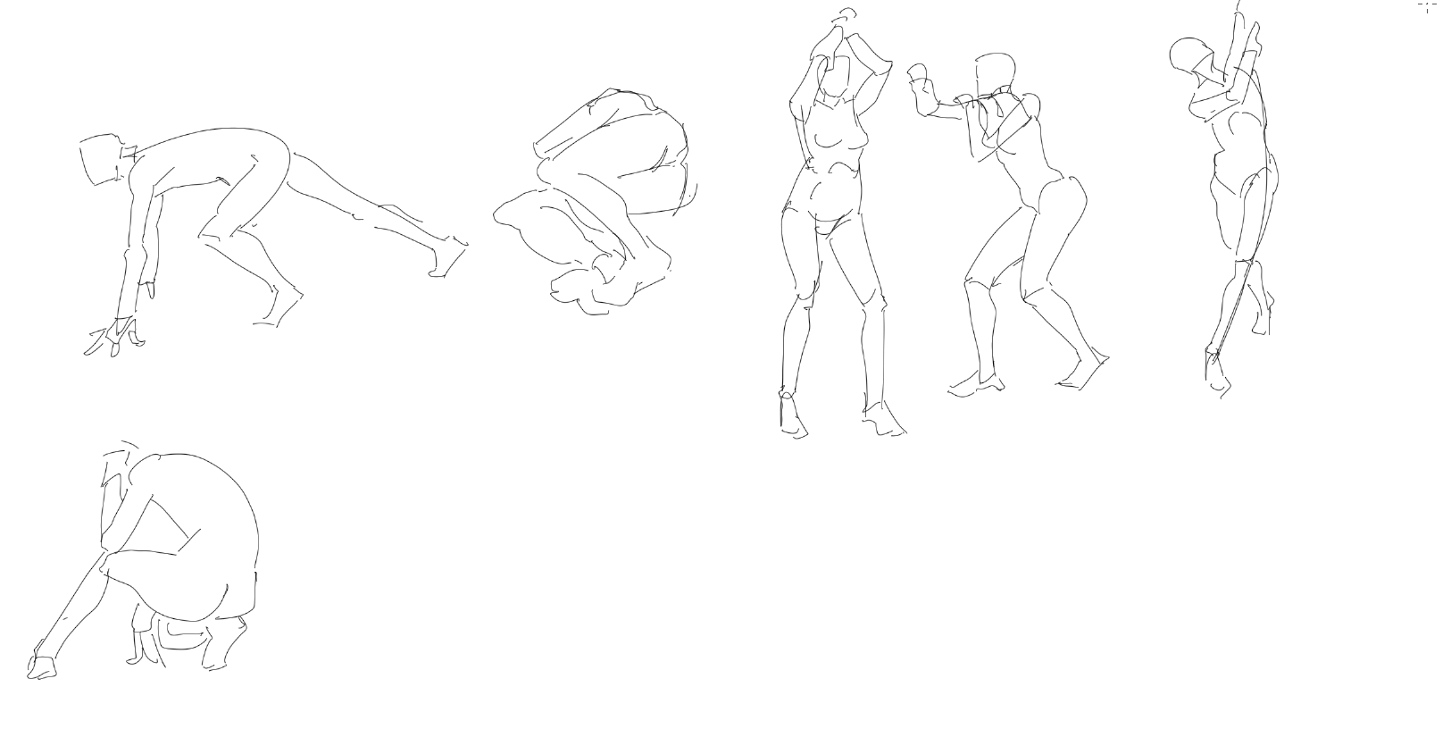 the image consists of a series of sketches depicting human figures in various poses. the sketches are rendered in a simple, lineart style and appear to be intended as reference material for artists.