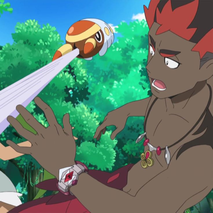 a male pokemon character stands in a forest, surprised and shocked as a  projectile hurtles towards him.  he has a watch on his wrist and a necklace around his neck. he is  wearing shorts but no shirt. the forest is lush and green. the projectile is  purple and white.