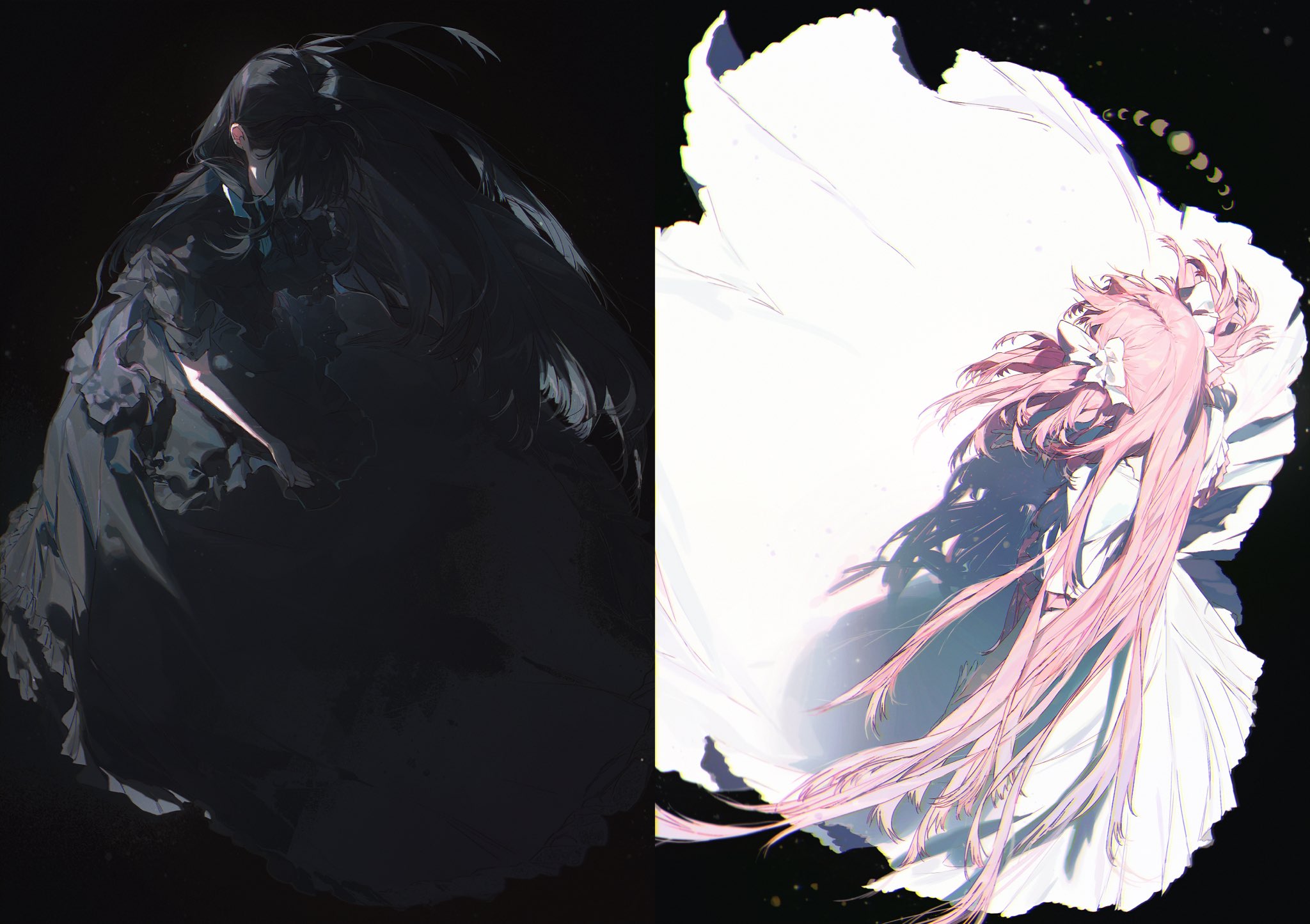 this image is split into two halves.  one side is dark and features an anime girl with long black hair wearing a dark dress.  the other side is light and features an anime girl with long pink hair wearing a white dress.  the two girls appear to be facing in opposite directions.   the contrast of dark and light creates an impactful visual effect.