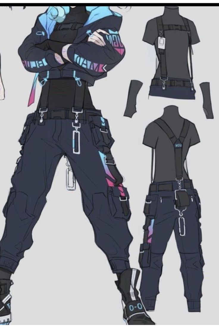 the image is a detailed character design concept art or illustration, likely for an anime or video game. the design shows a young person in a stylish, futuristic outfit. the attire includes a cropped jacket with unique graphics, cargo pants with suspenders and various pockets, and futuristic sneakers. the design also shows alternative versions of the outfit's components, including the pants and suspenders. the style is heavily influenced by streetwear, cyberpunk, and futuristic fashion elements. the image is presented as a clean and detailed drawing or digital painting, emphasizing the texture and color schemes of the clothing. the illustration focuses on the detailed design elements, like the pockets, straps, and markings on the clothes.