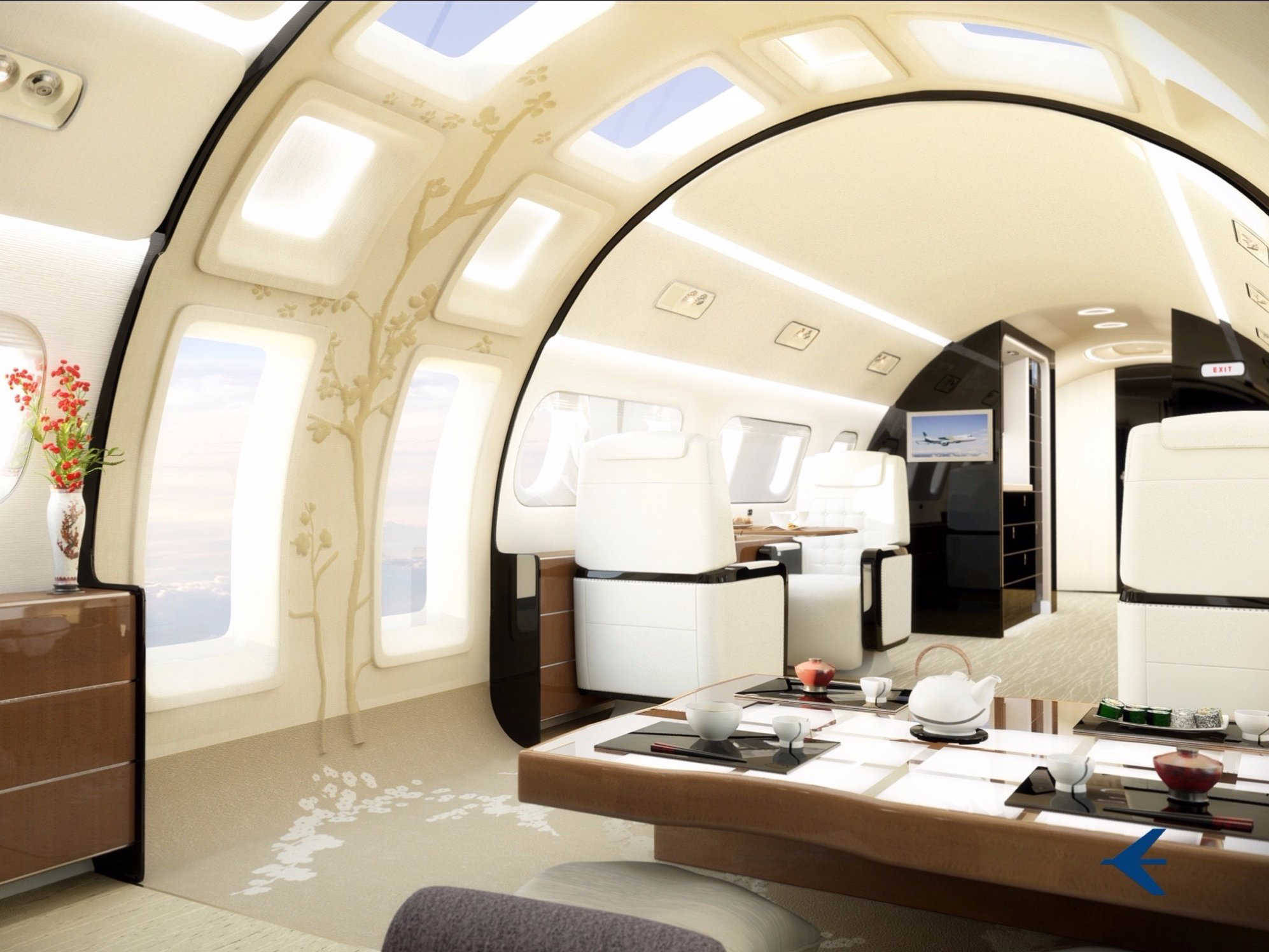 this is a photo of the luxurious interior of a private jet. the cabin is spacious and modern with white leather seats, a large table, and windows that provide a view of the clouds. the ceiling is curved and features a design of a tree branch with leaves. the jet is decorated with a contemporary design in white, black, and wood.