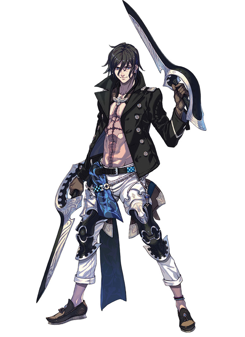 the image showcases a male character, likely from a video game or fantasy anime, standing against a white background. he has dark hair and wears an open black jacket that reveals his scarred chest. he's adorned with intricate armor pieces on his arms and legs, paired with white pants. the character wields two distinct swords, one in each hand. his attire leans towards a dark fantasy aesthetic. the image is brightly lit, likely in a studio setting, emphasizing the character's details.