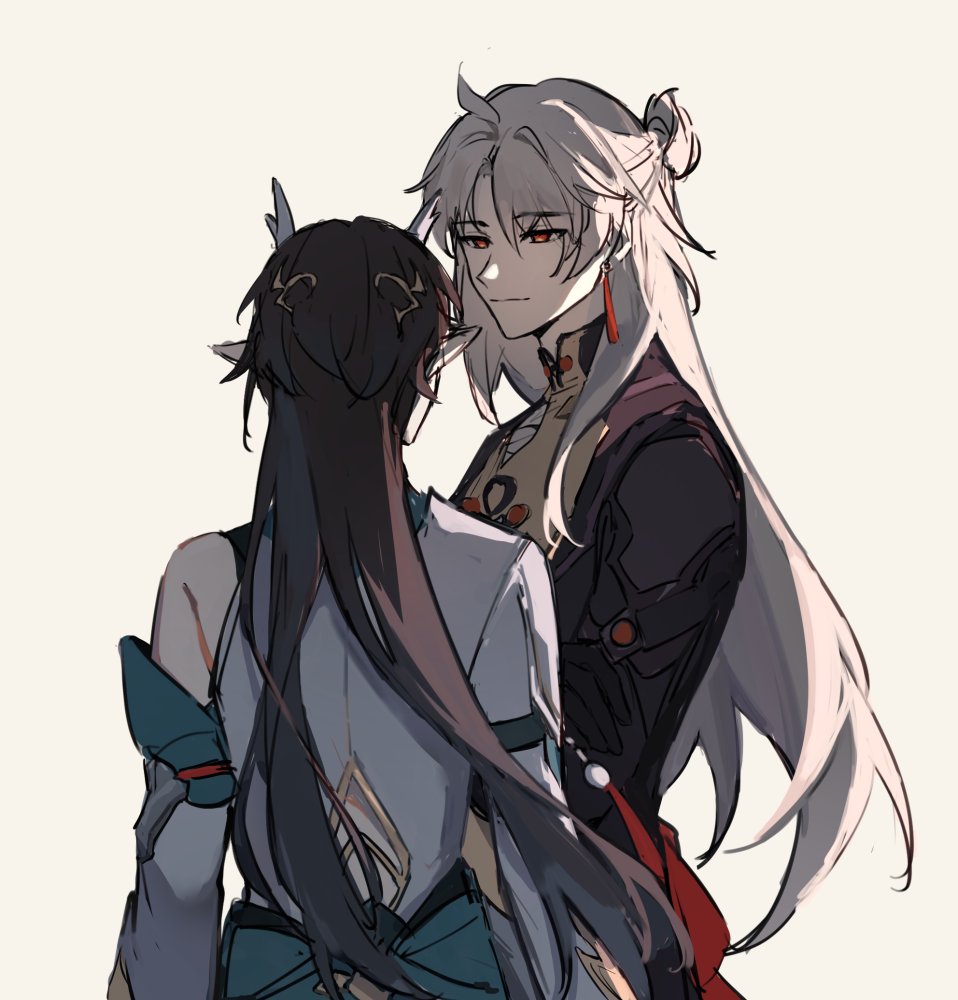 the illustration shows two female anime characters standing side by side. the girl on the left has black hair and is wearing a blue and white outfit. she has her back to the viewer, with her head turned to look at the girl on the right. the girl on the right has white hair and is wearing a black and red outfit. she is looking directly at the girl on the left. they both appear to be in a romantic relationship.
