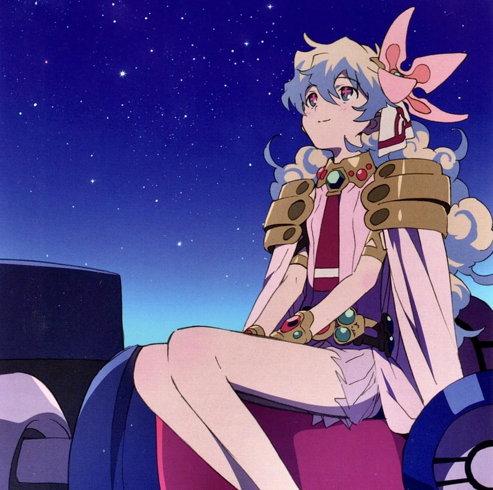 the image is of an anime girl sitting on a platform looking up at the stars. the background is a purple and blue night sky with a lot of stars. she is wearing a pink dress and gold jewelry and has a white fluffy cloud around her shoulders. she is looking up at the sky with a peaceful and serene expression. the platform she sits on is purple and has a white, blue, and gold spaceshiplooking object nearby. the scene is peaceful and magical.