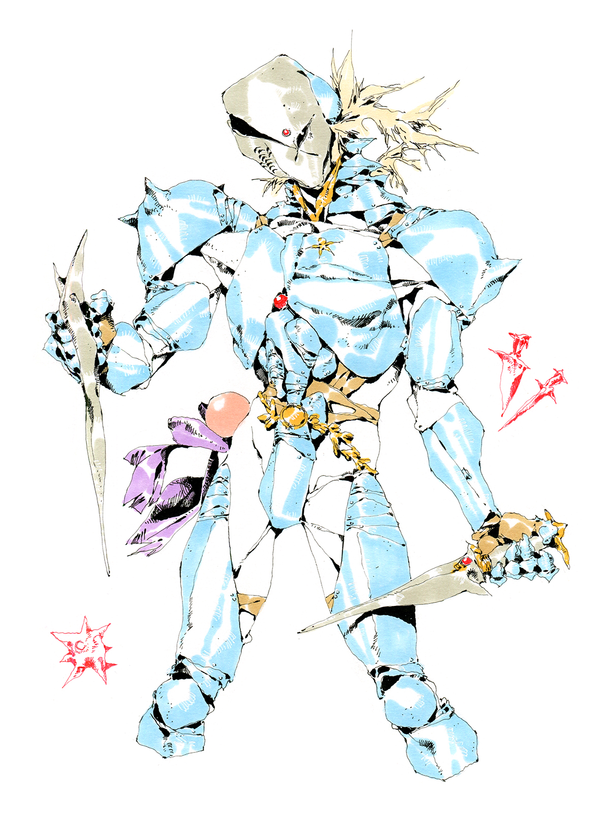 the image showcases a stylized illustration of a futuristic warrior clad in ornate, silver armor. the armor, rendered with metallic reflections, features intricate detailing and sharp, angular designs. the warrior wields multiple daggers, strategically positioned around them, hinting at their agility and combat prowess.  the style is reminiscent of classic fantasy illustrations, updated with a sleek, futuristic aesthetic.