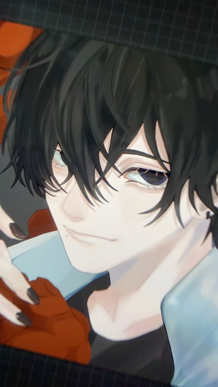the image is a closeup digital drawing or painting of an animestyle young man. he has dark, styled hair with bangs that partially cover his eyes, which are a cool grey or light blueishgrey.  his expression is a subtle, confident smirk.  he's wearing a dark top with a light blue jacket or shirt collar visible.  a portion of a reddishorange garment or object is visible behind him, possibly a piece of clothing or accessory. a hand with darkcolored nails is visible in the bottom left corner, possibly suggesting a selfportrait style. the overall style is clean, stylized, and aesthetically pleasing, typical of contemporary digital anime art. the background is a slightly visible grid.