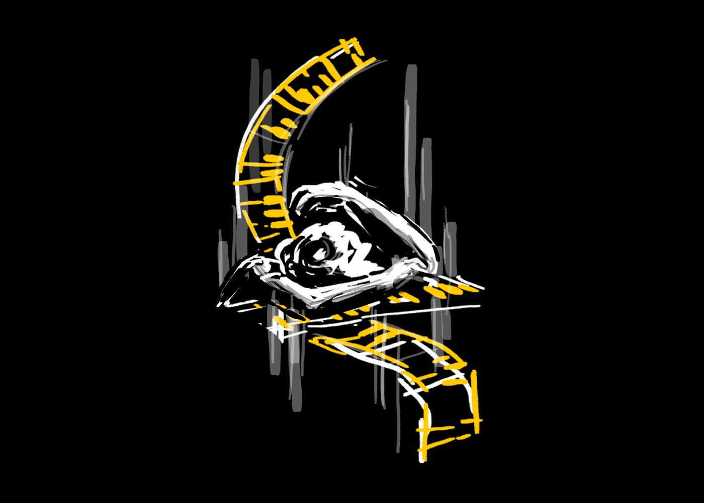 the image is an abstract, expressionistic sketch of a person seemingly crushed under the weight of a film reel. the figure is drawn in white and gray, while the film reel is a bright yellow, all set against a stark black background. the style is loose and gestural, emphasizing movement and emotion over detail. the overall feeling is one of darkness, struggle, and possibly the overwhelming nature of artistic creation.