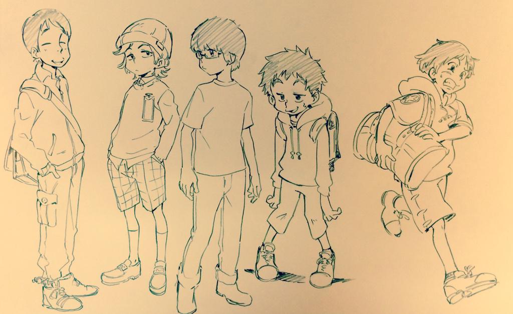 the image is a sketch of five boys, likely teenagers, standing in a line. they are all wearing casual clothes and have different hairstyles and expressions. the drawing style is loose and expressive, with visible pencil strokes. the image appears to be a character design sheet or a preliminary sketch for a larger illustration.