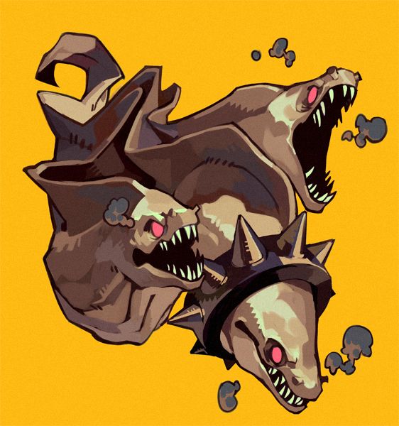 the image depicts a fantastical, threeheaded serpentine creature.  each head bares its fangs in a menacing grimace. the creature is depicted in a stylized cartoon style with dark, earthy tones contrasted against a bright yellow background. the central head appears to be wearing a spiked collar.  smoke puffs surround the creature, adding to its otherworldly and potentially dangerous aura.  the overall style is reminiscent of concept art or game art, with a focus on dynamic design and visual impact.