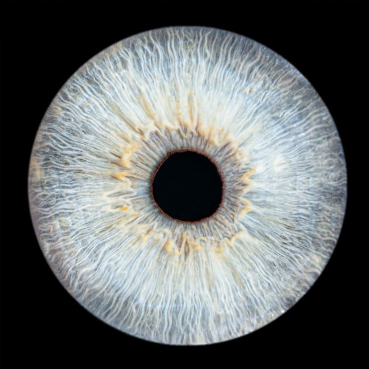 a close up macro image of a human eye and specifically the iris. the iris is light blue with white swirls throughout and a brown ring around the black pupil. the background is black.