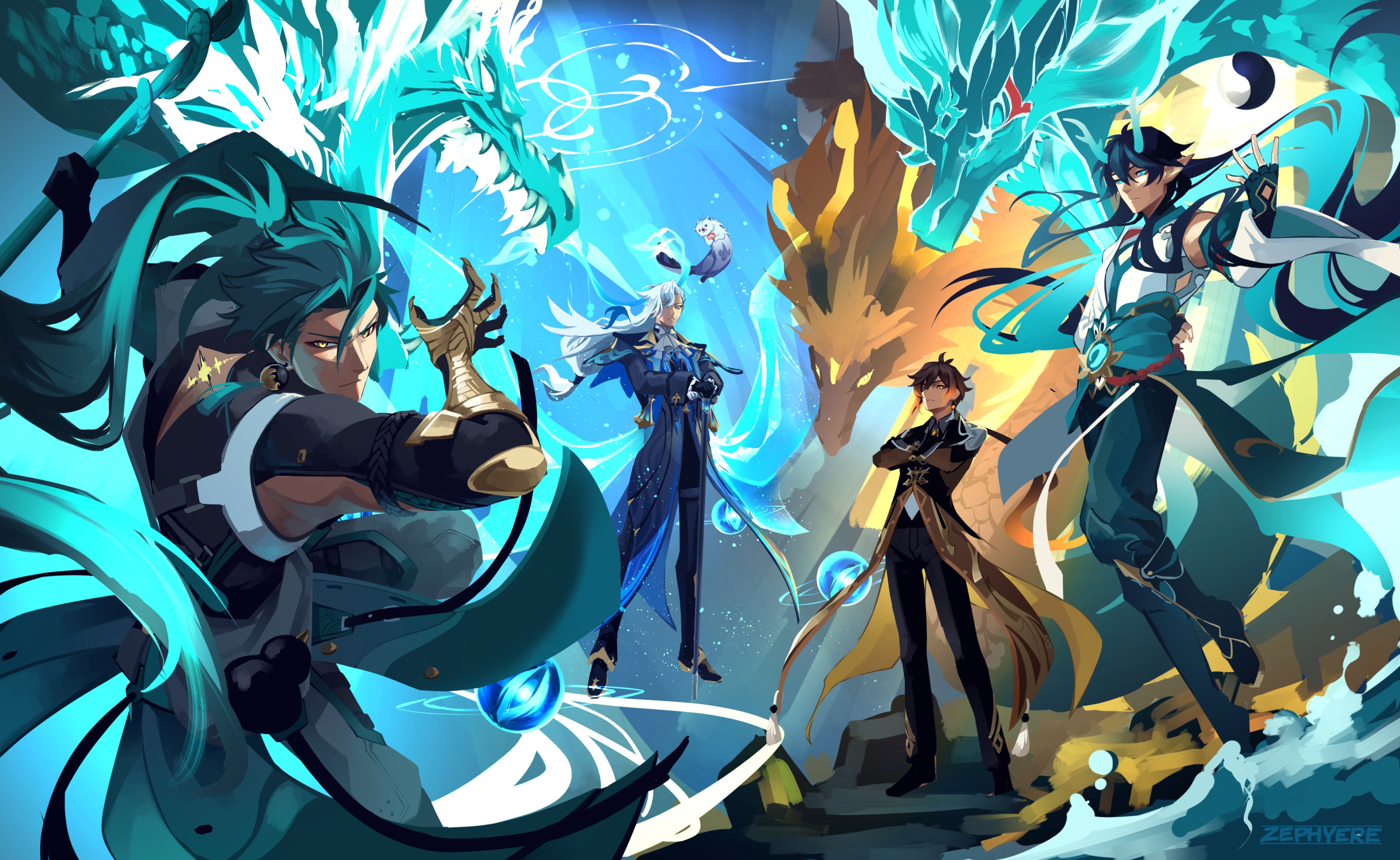 the image is a vibrant piece of digital fanart depicting four male characters from genshin impact, each seemingly associated with a powerful dragon and elemental force.  one character is styled with teal/aqua dragon energy, another with a golden/orange dragon, and a third with a combination of both. the fourth appears in a more neutral role, observing or directing. their outfits are detailed, showcasing a combination of fantasy and possibly east asianinspired styles. the art style is dynamic, with flowing lines and dramatic poses, showcasing energy and movement. the background features swirling water effects, suggesting the powerful nature of the elements. the overall impression is one of epic fantasy combat and strong character presence.  the artist's signature, "zephyere," is visible in the lower right corner.
