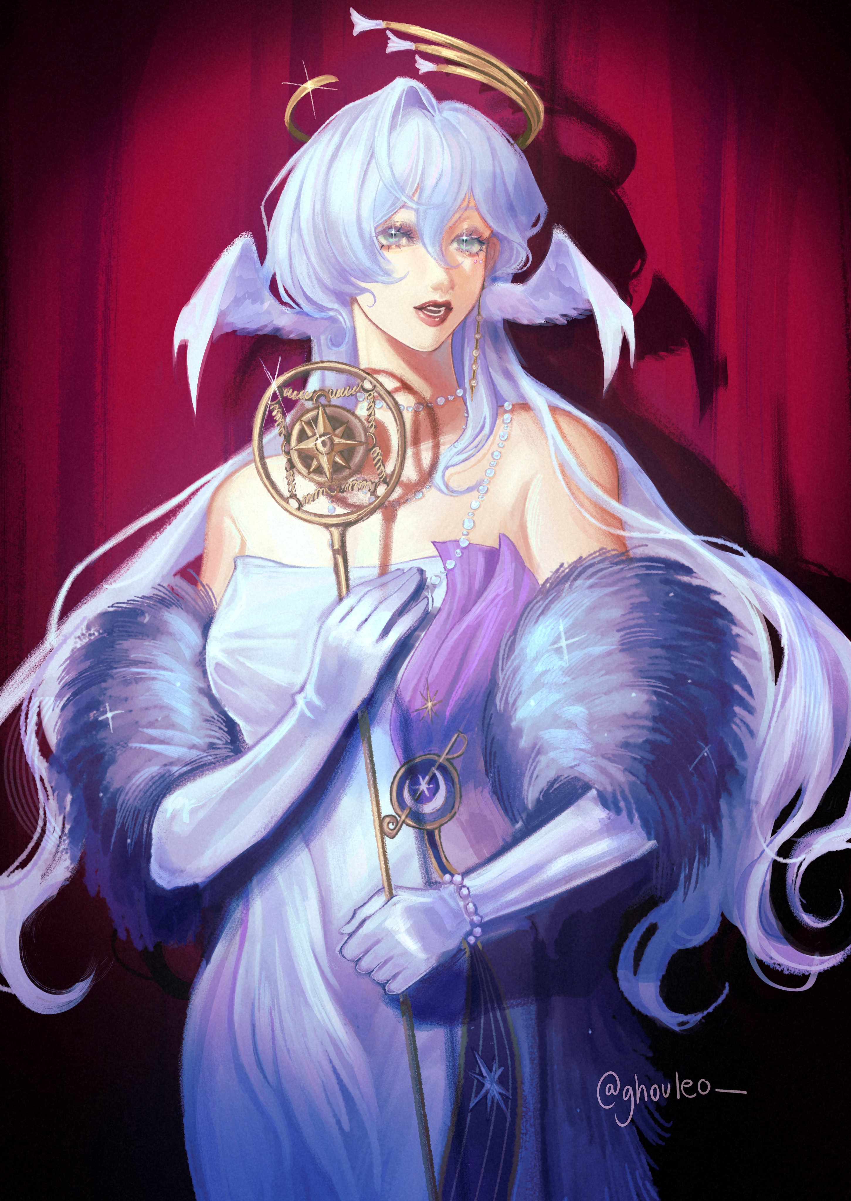 the image is a digital art piece featuring an anime girl with long white hair, wearing a white dress, angel wings, a halo, and holding a golden staff topped with a compass. the girl is standing in front of a red curtain with a purple and blue fur shawl draped over her shoulder. the staff is adorned with a moon and stars, adding to the celestial theme of the image. the overall aesthetic is elegant, royal, and fantastical.