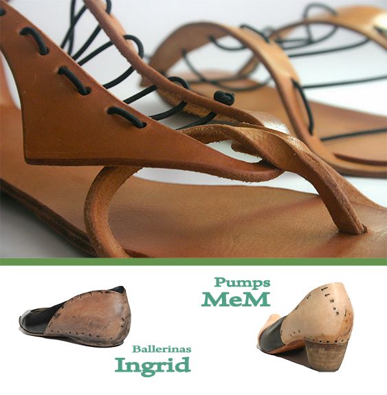 the image shows a pair of leather sandals in the foreground and two additional pairs of shoes labeled "pumps mem" and "ballerinas ingrid" below. the sandals have a thongstyle design with black lacing details. the pumps and ballerinas are lowheeled shoes with a twotone design.