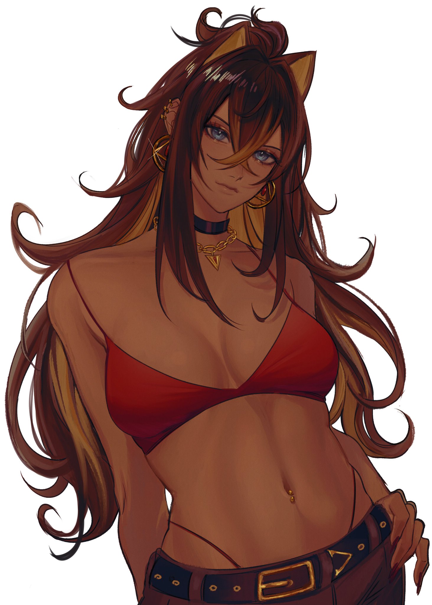 an anime girl with long brown hair with blonde highlights and cat ears. she's wearing a red bra top, a gold necklace, gold earrings, and a gold belt. she's also wearing jeans. the girl has a belly button piercing and is looking directly at the viewer. the image is digital art.