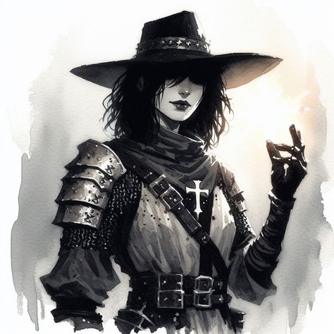 the image depicts a black and white watercolor painting of a female warrior. she is clad in plate armor with a chainmail shirt underneath, and a widebrimmed hat casts a shadow over her right eye. a large cross emblazons her chest. she wears a confident smirk and delicately holds her left hand up as if about to cast a spell. her right hand is covered by a glove, implying she might be holding a weapon. the lighting is dramatic, creating a strong contrast between light and shadow.