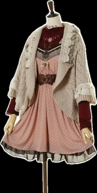 a mannequin is wearing a layered outfit consisting of a winecolored blouse with lace detailing, a gray striped camisole, a pink polkadot dress with a brown belt, and a beige cardigan with lace and cableknit patterns. the outfit is accessorized with a long necklace. the dress has a frilled hemline.