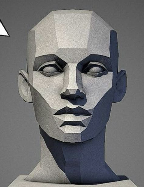 a geometric sculpture of a human head and shoulders, rendered in a gray material with distinct polygonal faces and dramatic shading that emphasizes its angular design.