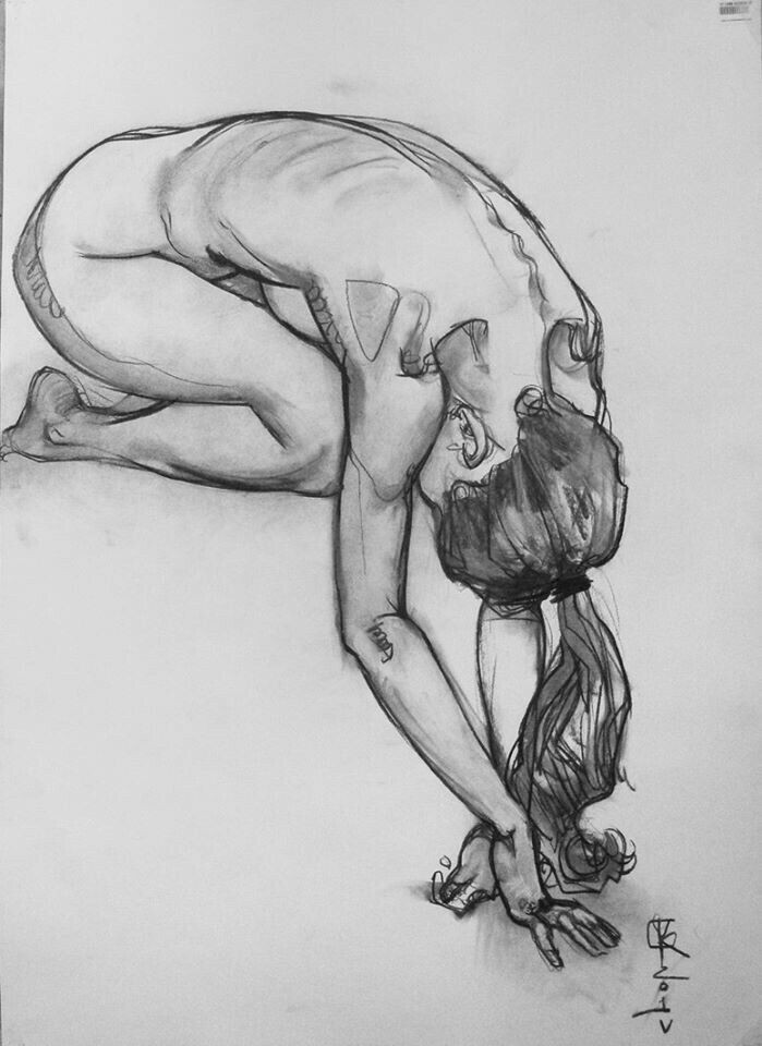 a charcoal drawing of a woman in a crouching position, her body bent forward. the drawing is done in black and white on a white background and captures the human form in a lifelike way.