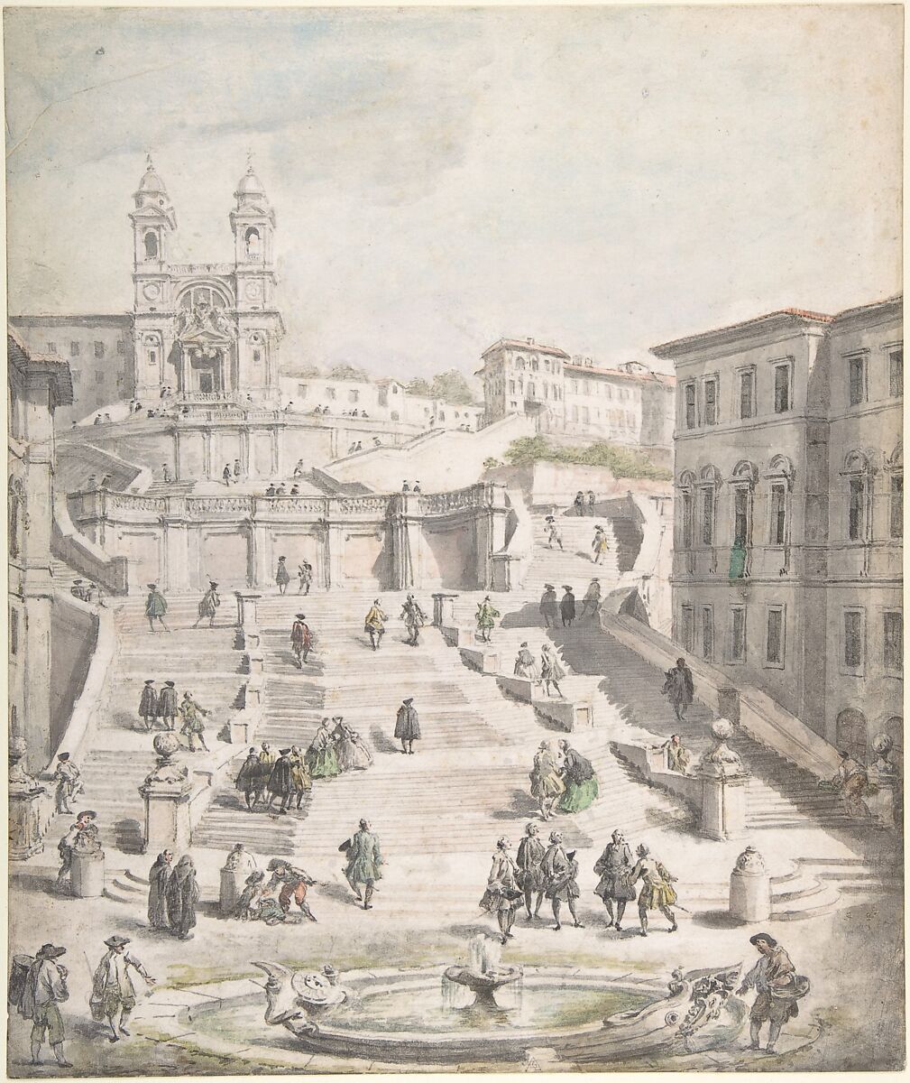 the image is a watercolor painting depicting a view of the spanish steps in rome. the steps are lined with people in various attire, and a fountain is visible at the bottom of the stairs. buildings flank the sides of the steps, and a church with two towers stands at the top. the sky is light and cloudy.