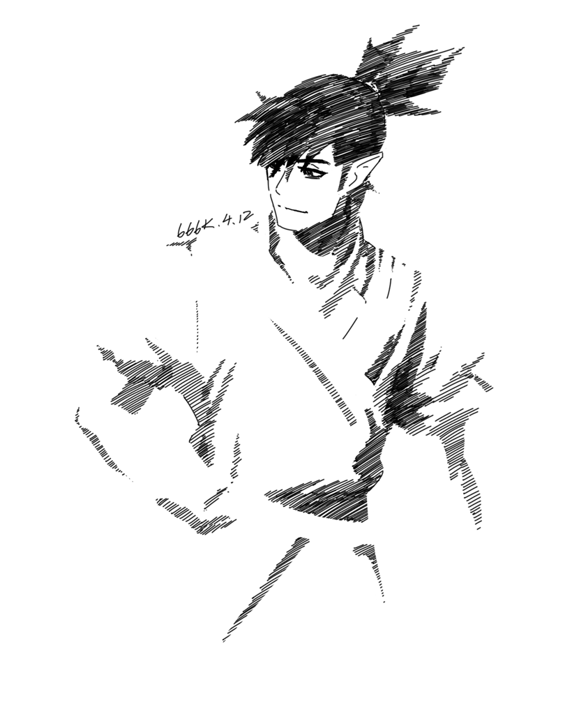 he image is a black and white line art drawing of an animestyle male character. the character has long dark hair tied up in a topknot, and is wearing what appears to be a kimono or similar traditional japanesestyle clothing.  the style is sketchy and expressive, using mainly hatched lines to create shading and texture.  the character has a serious and somewhat pensive expression. the overall aesthetic is reminiscent of manga or anime art styles. a small, barely legible signature or date is visible in the upper left.
