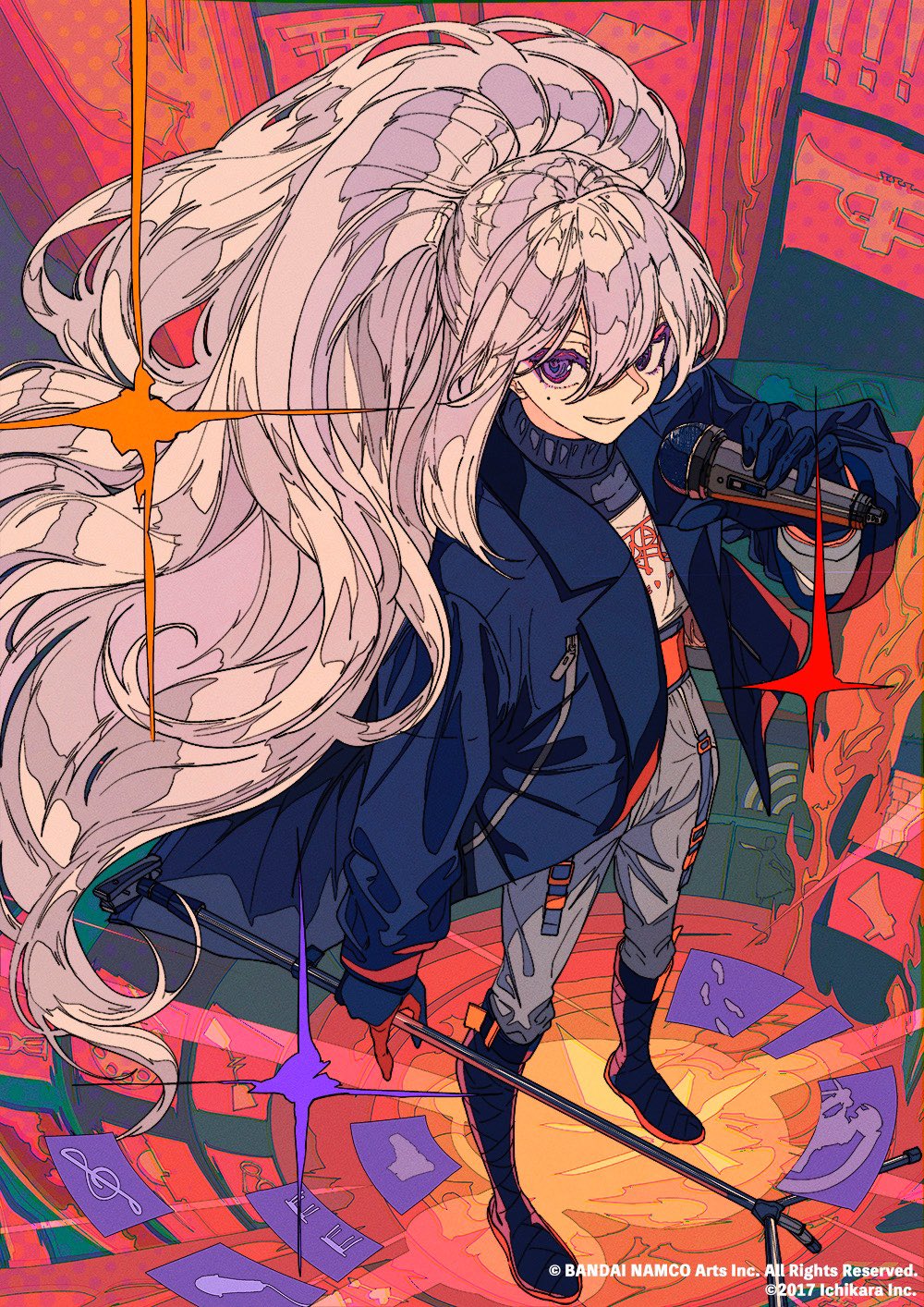 the image is a vibrant and stylized digital illustration of a young woman, possibly an anime character, who appears to be a singer or performer. she has long, flowing purple and white hair,  a dark blue jacket, and gray pants with orange accents.  she's holding a microphone and standing on a stagelike area, which is depicted with dynamic lines and bold, contrasting colors including reds, oranges, and purples. the style is reminiscent of anime and manga, with a futuristic or cyberpunk aesthetic.  the background is filled with abstract shapes and symbols, contributing to the dynamic and energetic feeling of the piece. the overall style is highly expressive and captures a sense of movement and energy. the artwork is credited to bandai namco arts inc. and 2017 ichikara inc.