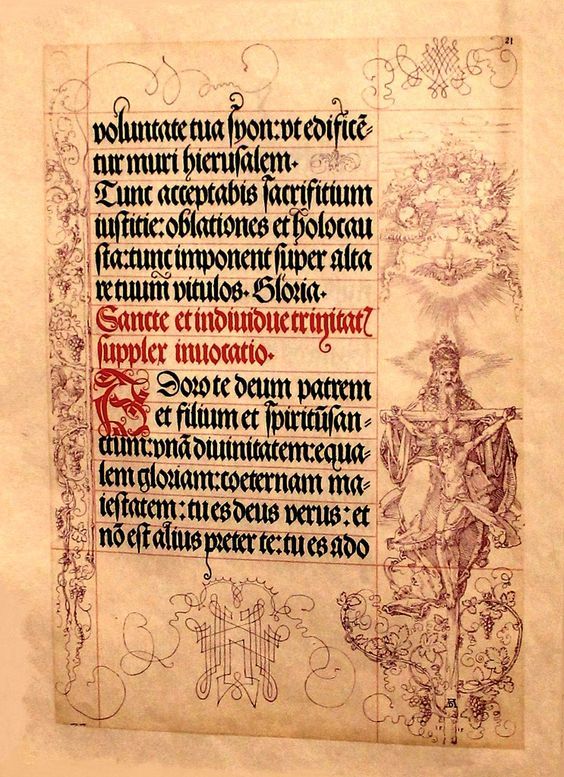 the image shows a page from a medieval manuscript, written in latin and illuminated with a drawing. the text is a prayer to the trinity, with a depiction of god the father, son, and holy spirit above the text. the father is depicted as an old man seated on a throne, holding a cross. the son is depicted as a naked man on the cross, with a crown of thorns. the holy spirit is depicted as a dove hovering above the father. the text of the prayer is written in a beautiful, flowing script, with elaborate flourishes and decorations. the page is framed by a border of intricate designs, adding to the sense of grandeur and reverence.