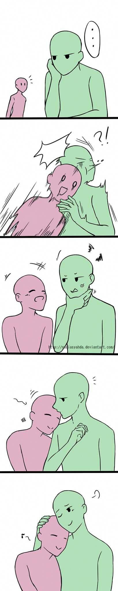 this is a base drawing of a couple posing. they are shown in four different poses: one where the male is staring at the female, another where the male is holding the female's hand, a third where the male is whispering in the female's ear, and a fourth where the male is hugging the female from behind. there is a thought bubble above the male's head in the first pose and a question mark above his head in the second pose. the couple's facial expressions are blank so that you can add your own details.